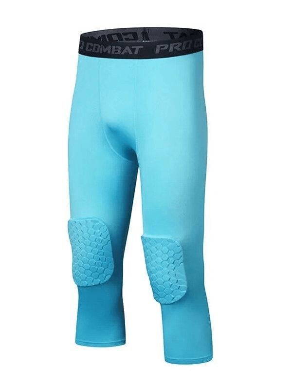 Blue men's elastic leggings with knee pads, ideal for sports and exercise; made from high-quality Nylon and Polyester fabrics, style SF0364.